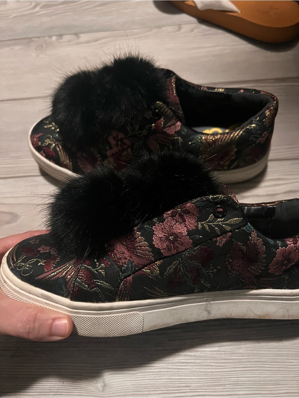 Sam Edelman Black Floral Slip-On Sneakers with Fur Pom